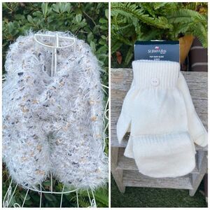 St John's Bay White Pop Over Glove Two Pack and Fuzzy Scarf. NWT.